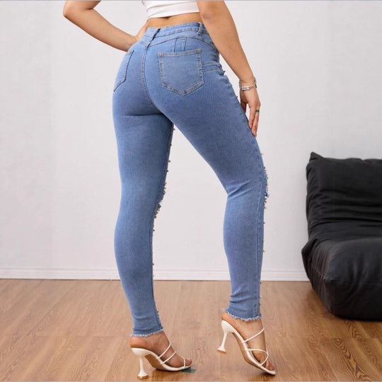 Damen Perlenverzierte High-Waist Skinny-Jeans mit Knie-Rissen und rohem Saum Shop Nory