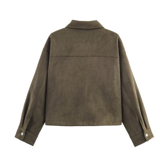 Damen Kurz geschnittene Wildlederoptik-Utility-Jacke mit aufgesetzten Klappentaschen Shop Nory