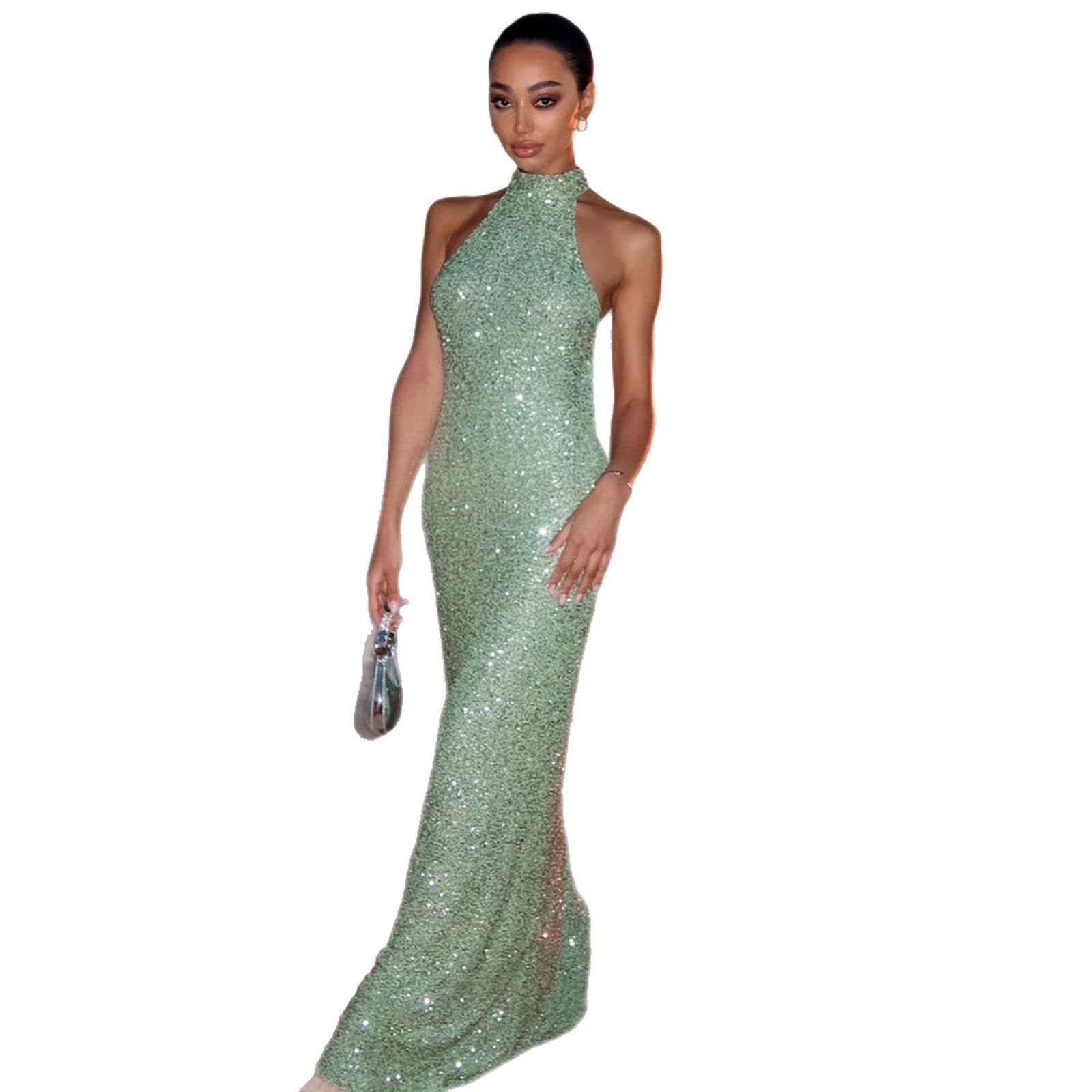 Damen Glitzerndes Abendkleid mit hohem Kragen und figurbetontem Schnitt