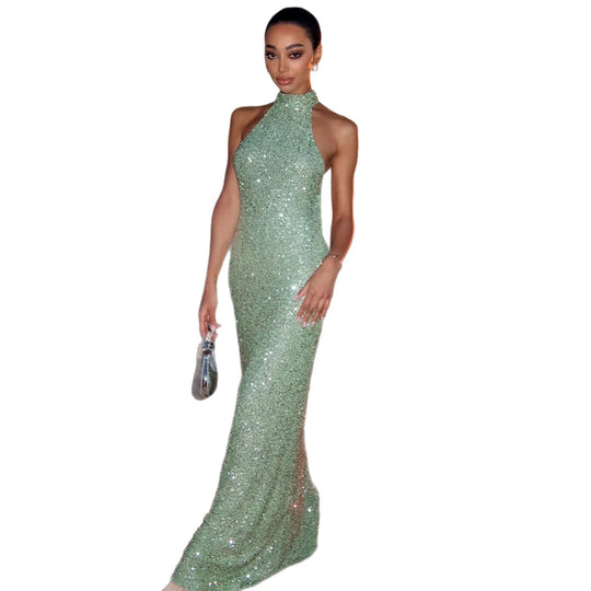 Damen Glitzerndes Abendkleid mit hohem Kragen und figurbetontem Schnitt