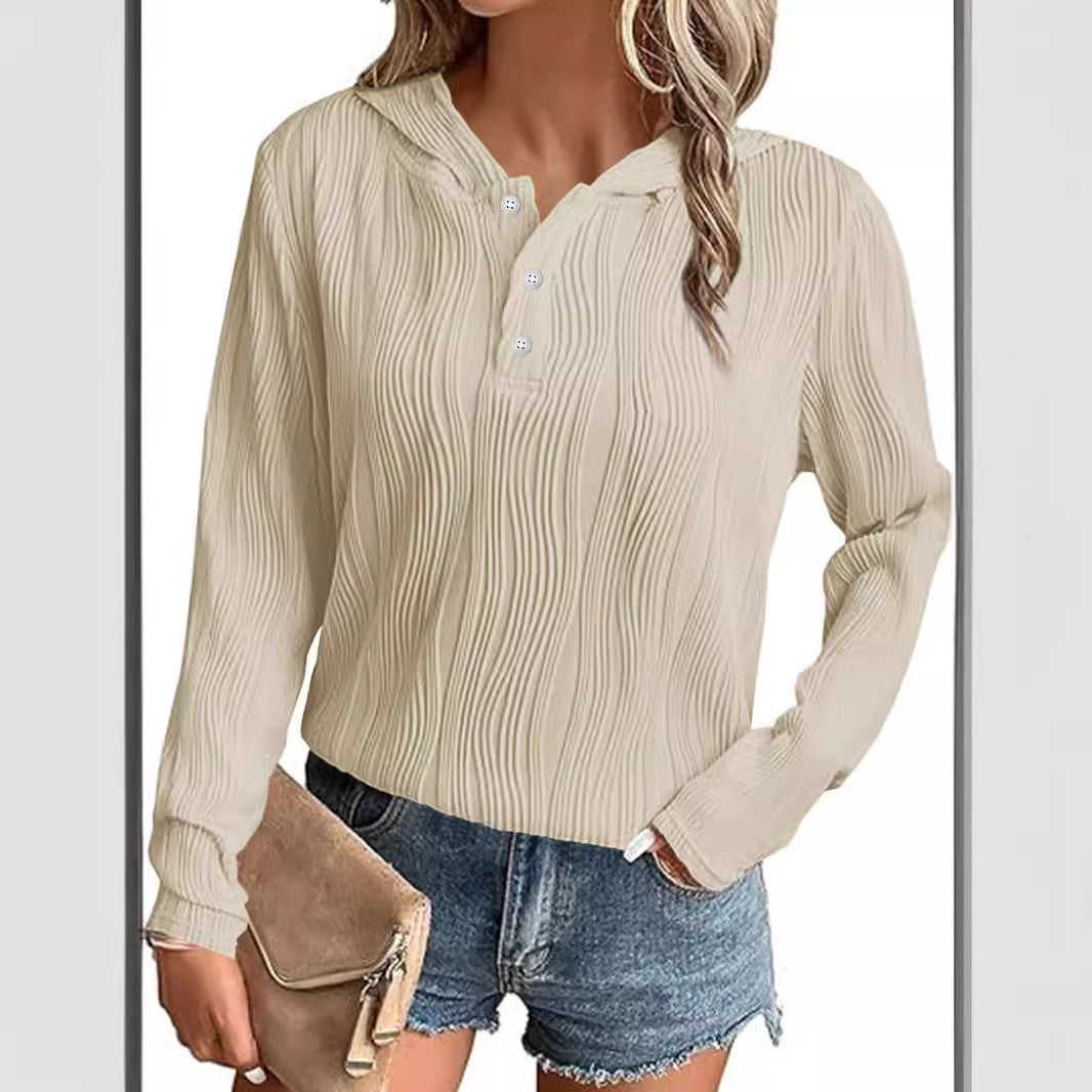 Damen Geripptes Kapuzen-Henleyshirt mit Knopfleiste und leichter Struktur Shop Nory