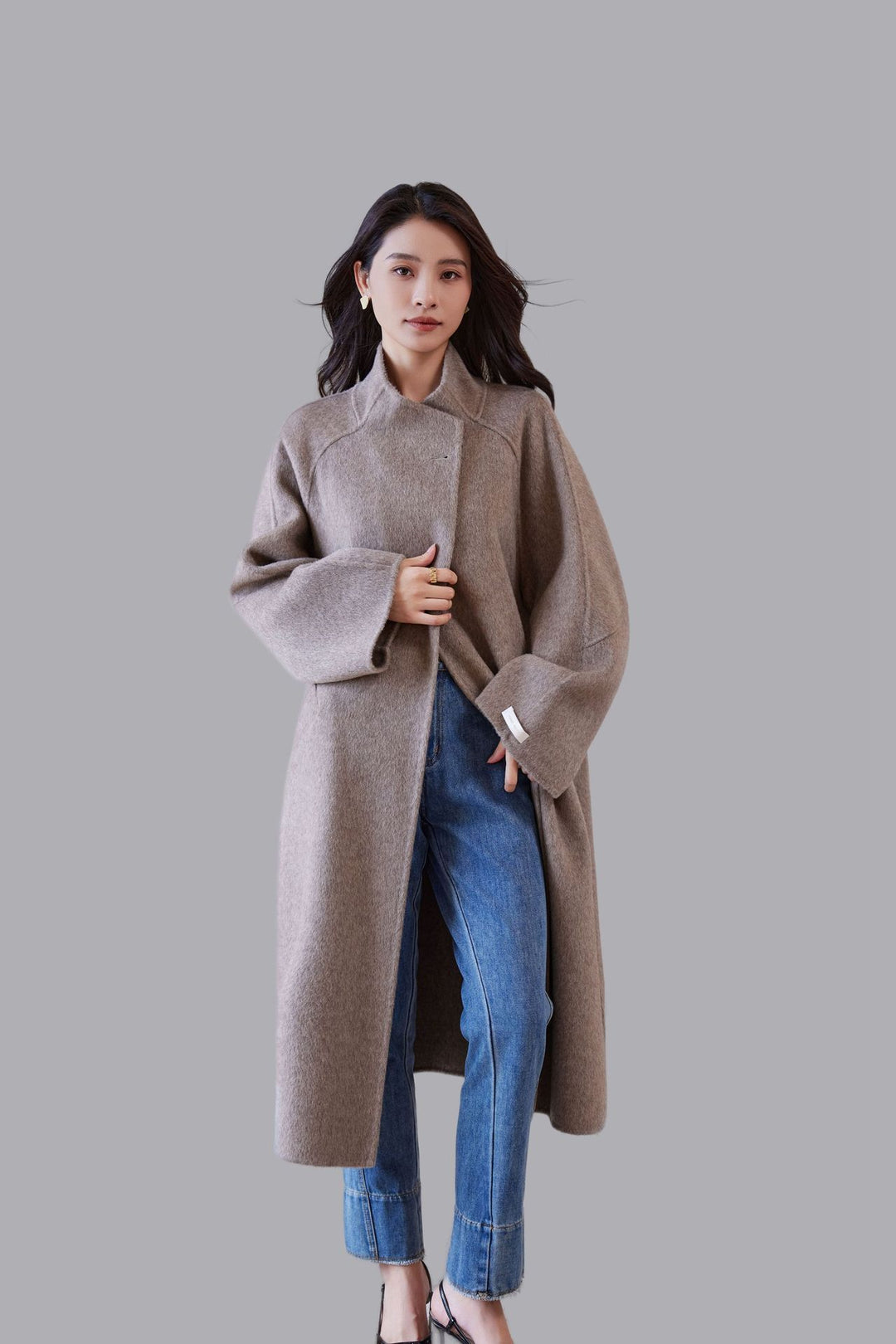 Damen Oversized Wollmantel mit Stehkragen und Ein-Knopf-Verschluss Shop Nory