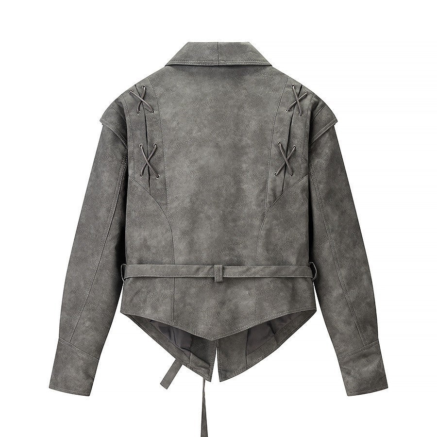 Damen Kurzjacke aus Veloursoptik mit Wickelgürtel und Schnürdetail Shop Nory