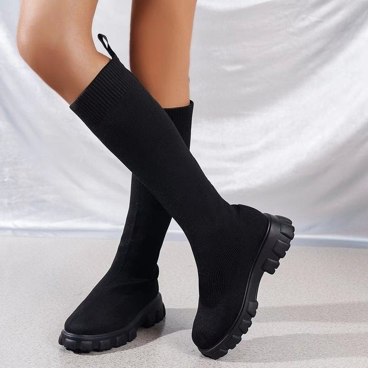 Damen Strick-Overknee-Stiefel mit elastischem Sock-Schaft und klobiger Lug-Sohle Shop Nory