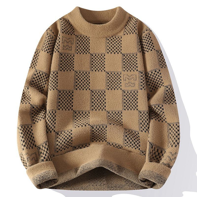 Herren karierter Oversize-Strickpullover mit Rundhalsausschnitt, weichem Feinstrick und strukturierter Jacquard-Musterung Shop Nory