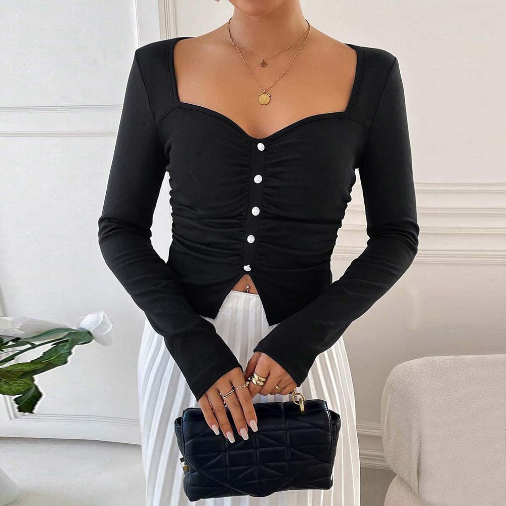 Damen figurbetontes gerafftes Langarm-Cropped-Top mit quadratischem Dekolleté und Zierknopfleiste Shop Nory