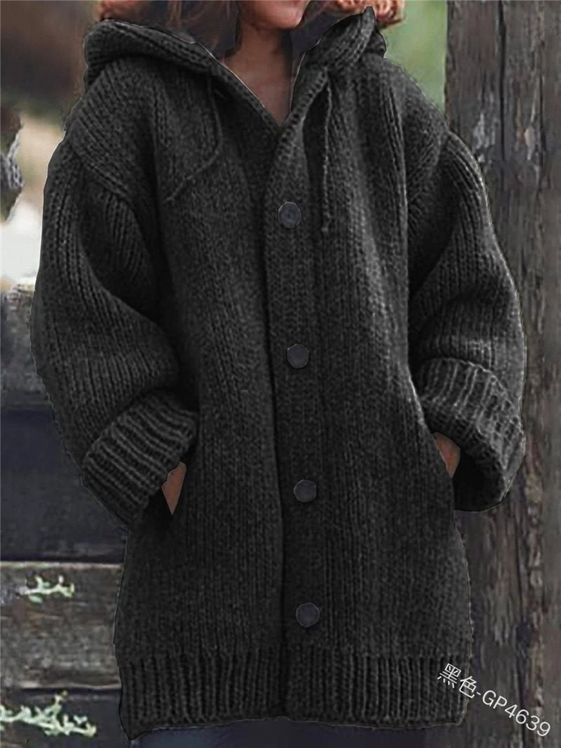Damen weit geschnittener Kapuzen-Strickmantel mit Knopfleiste und Eingrifftaschen Shop Nory