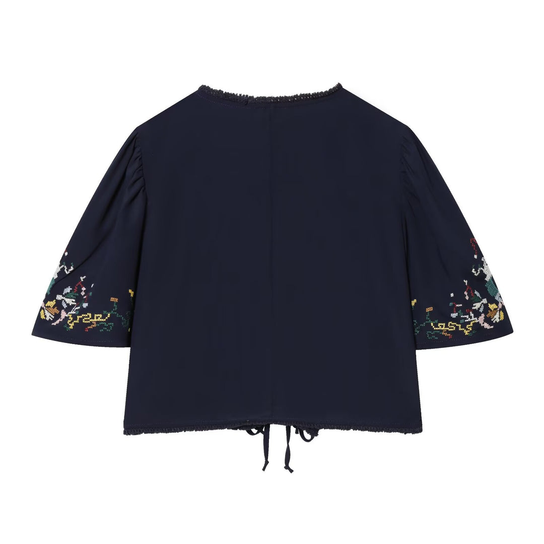 Damen Bestickte Kimono‑Bluse mit Bindebändern und Zierhäkelkante Shop Nory