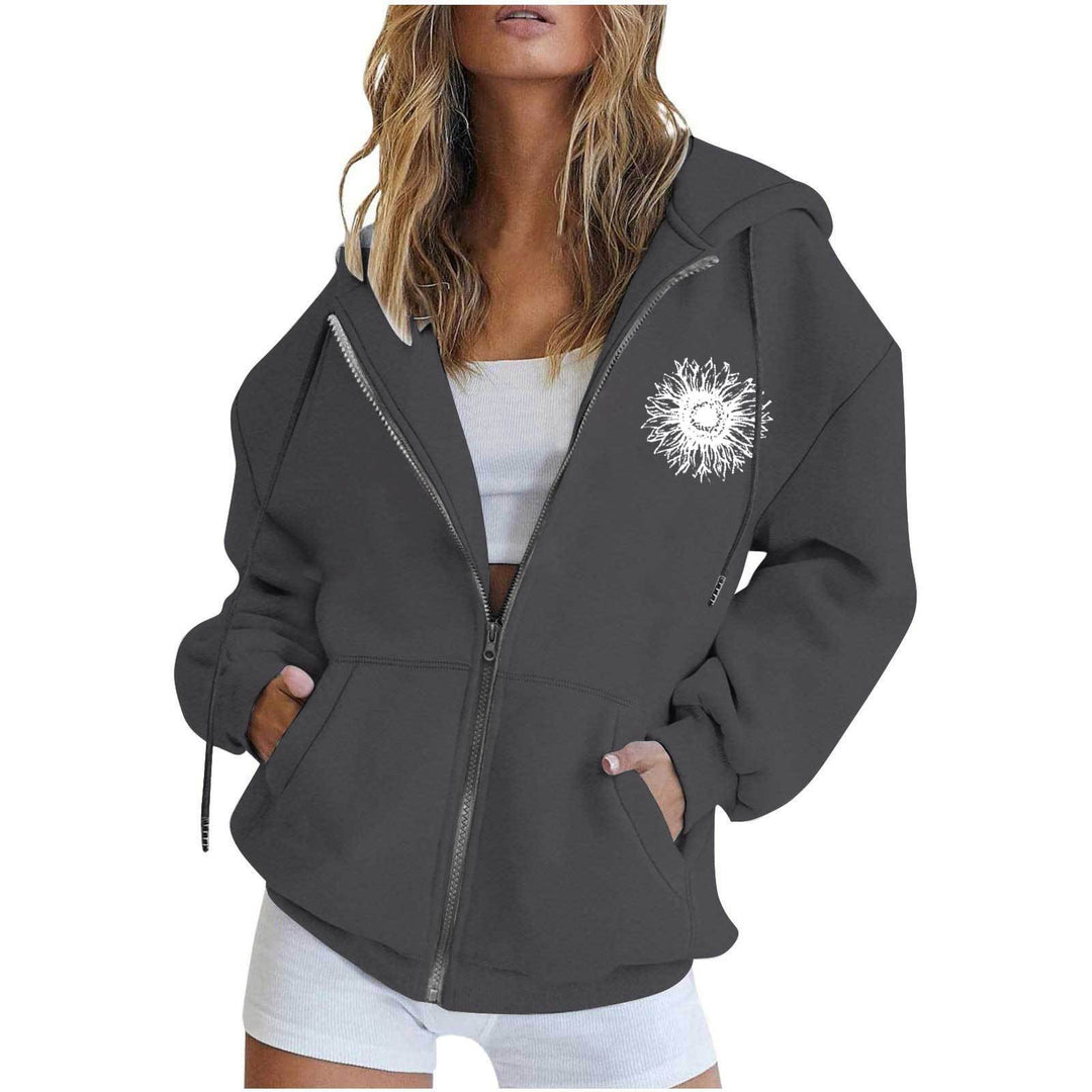 Damen nan oversized Kapuzenjacke mit Frontreißverschluss, Kängurutaschen und stilisiertem Sonnenblumenprint Shop Nory