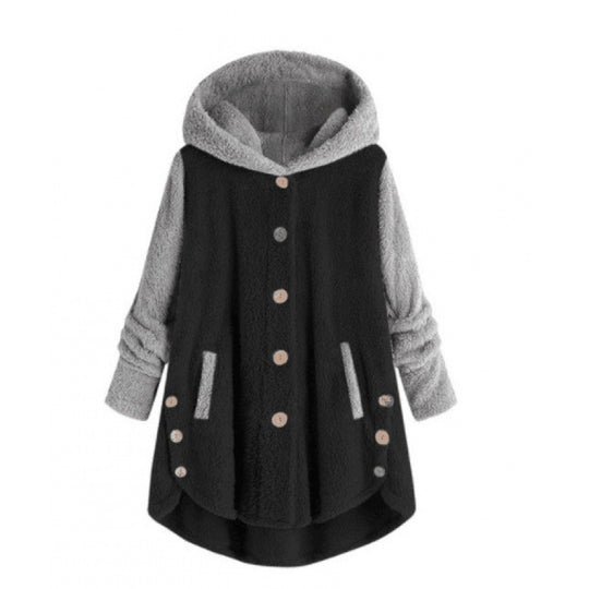 Damen Oversized Teddy-Mantel mit Kapuze, asymmetrischem Zipfelsaum und Holzknopf-Leiste Shop Nory