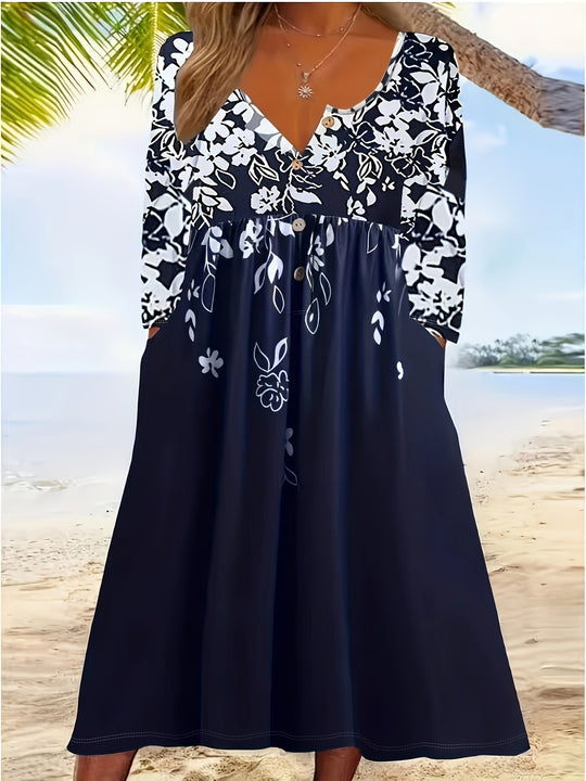 Damen Maxikleid mit V-Ausschnitt, Blumenprint, Knopfleiste und Eingrifftaschen Shop Nory