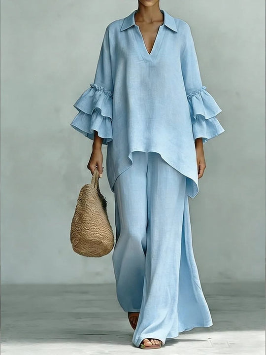 Damen Leinen-Loungewear-Set mit Volantärmeln und weitem Palazzo-Hose Shop Nory