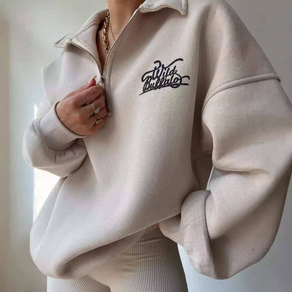 Damen Oversized Halbzip-Sweatshirt mit Stehkragen und gesticktem Logo Shop Nory