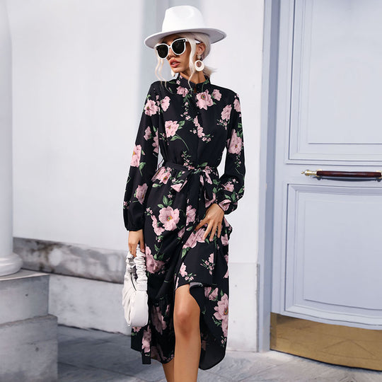 Damen Maxikleid mit floralem Allover‑Print, Stehkragen, langen Ballonärmeln und Volant Shop Nory