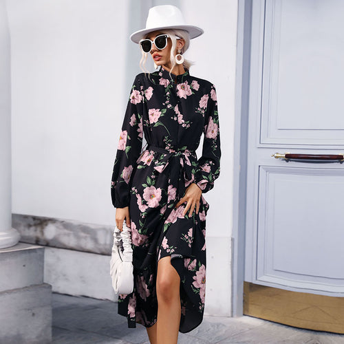 Damen Maxikleid mit floralem Allover‑Print, Stehkragen, langen Ballonärmeln und Volant Shop Nory