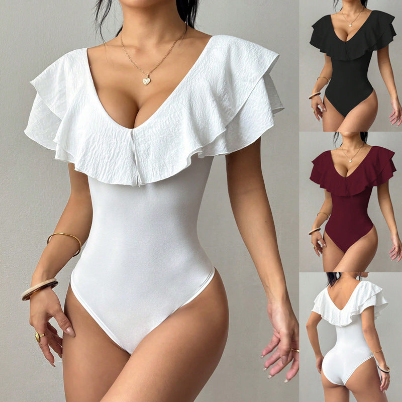 Damen Taillierter Body mit tiefem V‑Ausschnitt und doppeltem Volantkragen Shop Nory