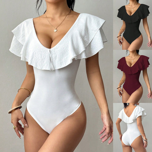Damen Taillierter Body mit tiefem V‑Ausschnitt und doppeltem Volantkragen Shop Nory