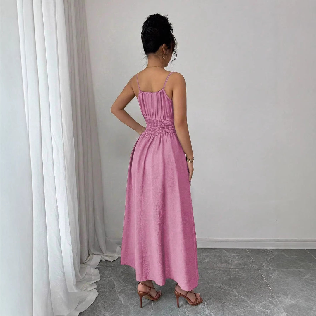 Damen Midikleid mit Smokbund, Spaghettiträgern und Bindekordel Shop Nory