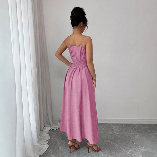 Damen Midikleid mit Smokbund, Spaghettiträgern und Bindekordel Shop Nory