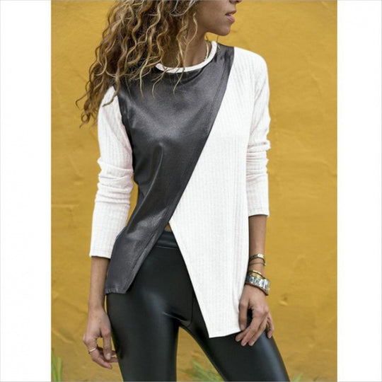 Damen Asymmetrisches Longsleeve mit Lederoptik‑Overlay und Rippstrick Shop Nory
