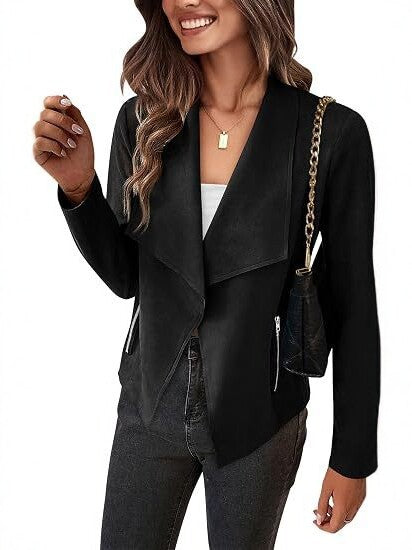 Damen Velourslederimitat-Wasserfallblazer mit asymmetrischem Saum und Reißverschlusstaschen Shop Nory