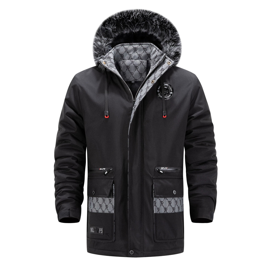 Herren Langer Thermo-Parka mit Kapuze, Logo-Innenfutter und Multifunktions-Taschen Shop Nory