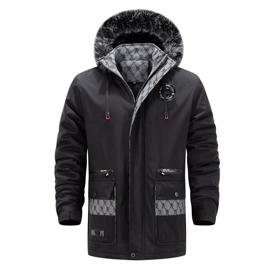 Herren Langer Thermo-Parka mit Kapuze, Logo-Innenfutter und Multifunktions-Taschen Shop Nory
