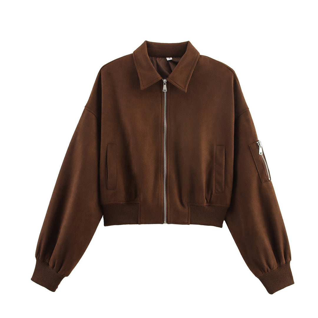 Damen Cropped Bomberjacke in Veloursoptik mit Hemdkragen, Ärmel-Tasche und tailliertem Rippbund Shop Nory