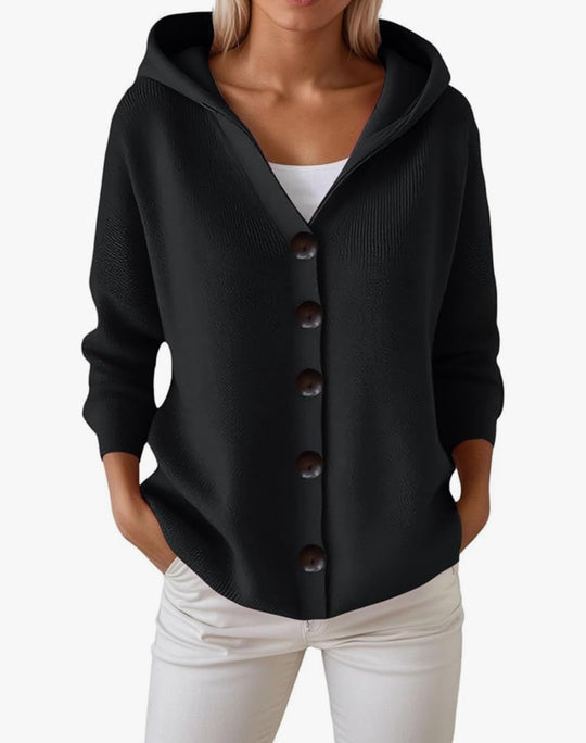 Damen Kapuzen-Strickjacke mit großen Holzknöpfen und seitlichen Eingrifftaschen Shop Nory