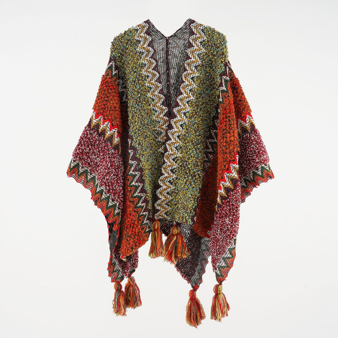 Damen Kurzponcho aus Bouclé-Strick mit Zickzack-Jacquard und Quasten Shop Nory