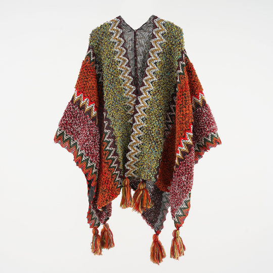 Damen Kurzponcho aus Bouclé-Strick mit Zickzack-Jacquard und Quasten Shop Nory