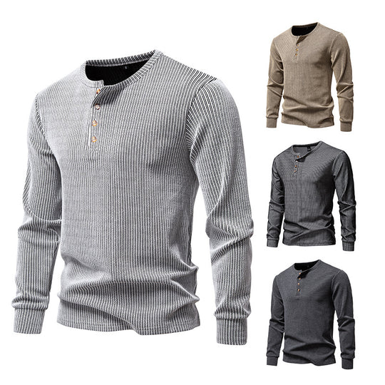 Herren Slim-Fit Gerippter Henley-Langarmpullover mit Rundhalsausschnitt und Knopfleiste Shop Nory