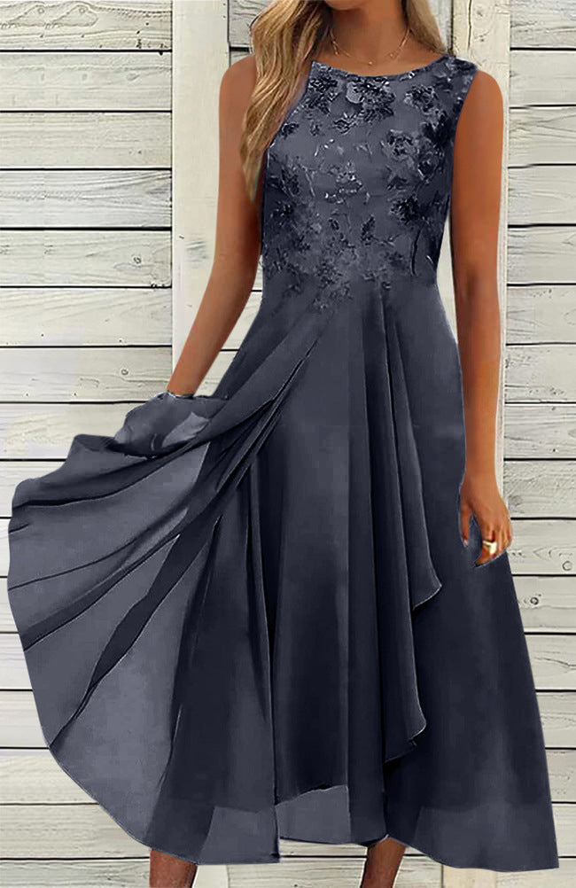 Damen nan ärmelloses Chiffon-Midikleid mit bestickter Brustpartie und asymmetrischem Lagenrock