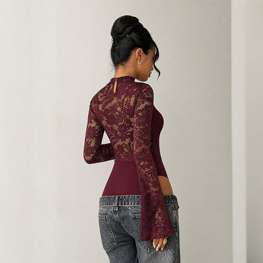 Damen Elegantes Spitzenoberteil mit Y-Ausschnitt und Volantärmeln Shop Nory
