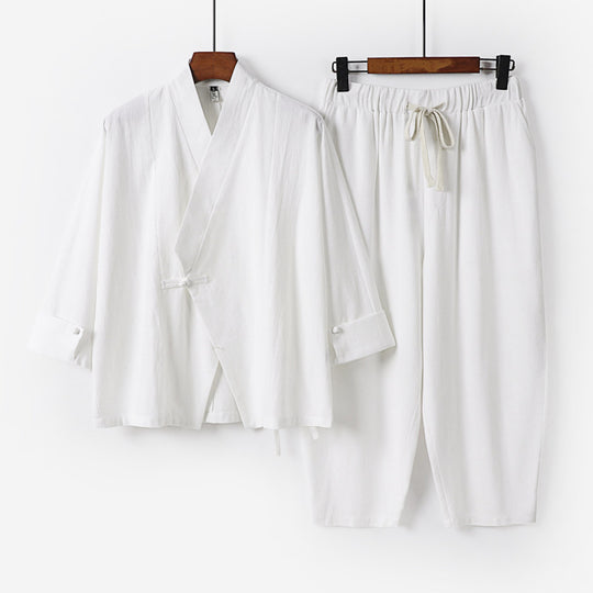 Herren Atmungsaktives Leinen-Baumwoll Lounge-Set mit asymmetrischem V-Kragen und elastischer Kordelhose Shop Nory