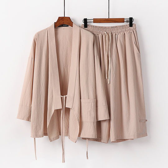 Damen Zen-Kimono-Lounge-Set aus atmungsaktivem Baumwollmix mit Bindebandjacke und weiten Culotte-Hose Shop Nory