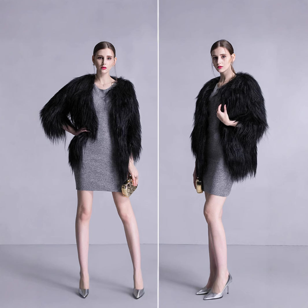 Damen Langfloriger Kunstpelz‑Mantel mit offener Front und eleganter Silhouette Shop Nory