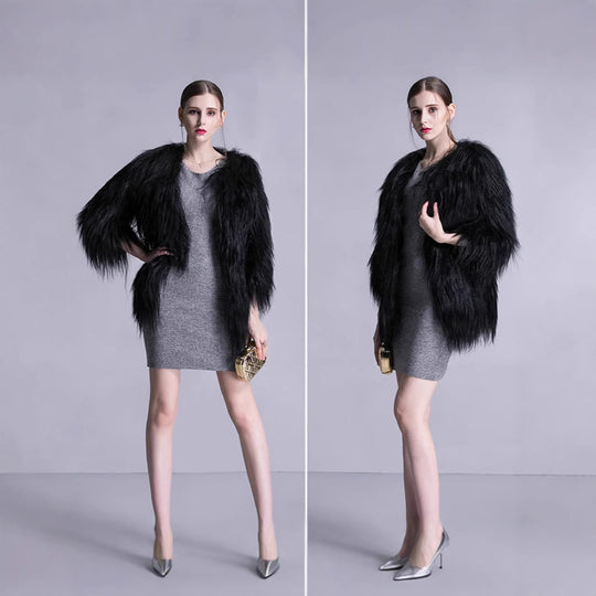 Damen Langfloriger Kunstpelz‑Mantel mit offener Front und eleganter Silhouette Shop Nory