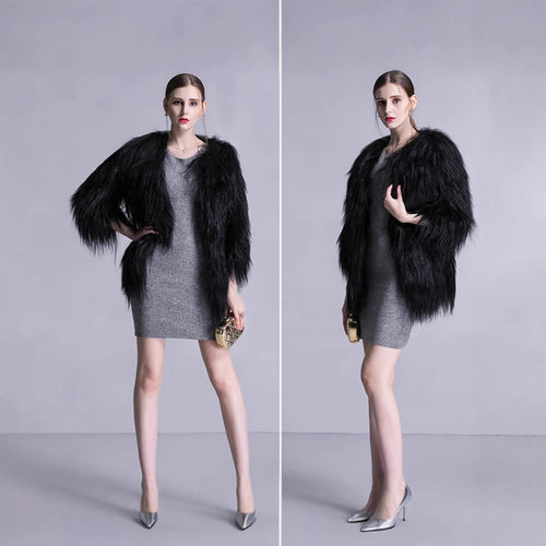 Damen Langfloriger Kunstpelz‑Mantel mit offener Front und eleganter Silhouette Shop Nory