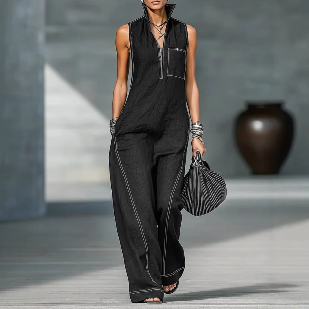 Damen Utility-Jumpsuit mit hochgeschlossenem Kragen und tiefem Reißverschluss Shopnory