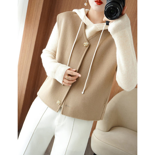 Damen Layering-Strickjäckchen mit Kapuze und ärmelloser Wollmix-Weste Shop Nory