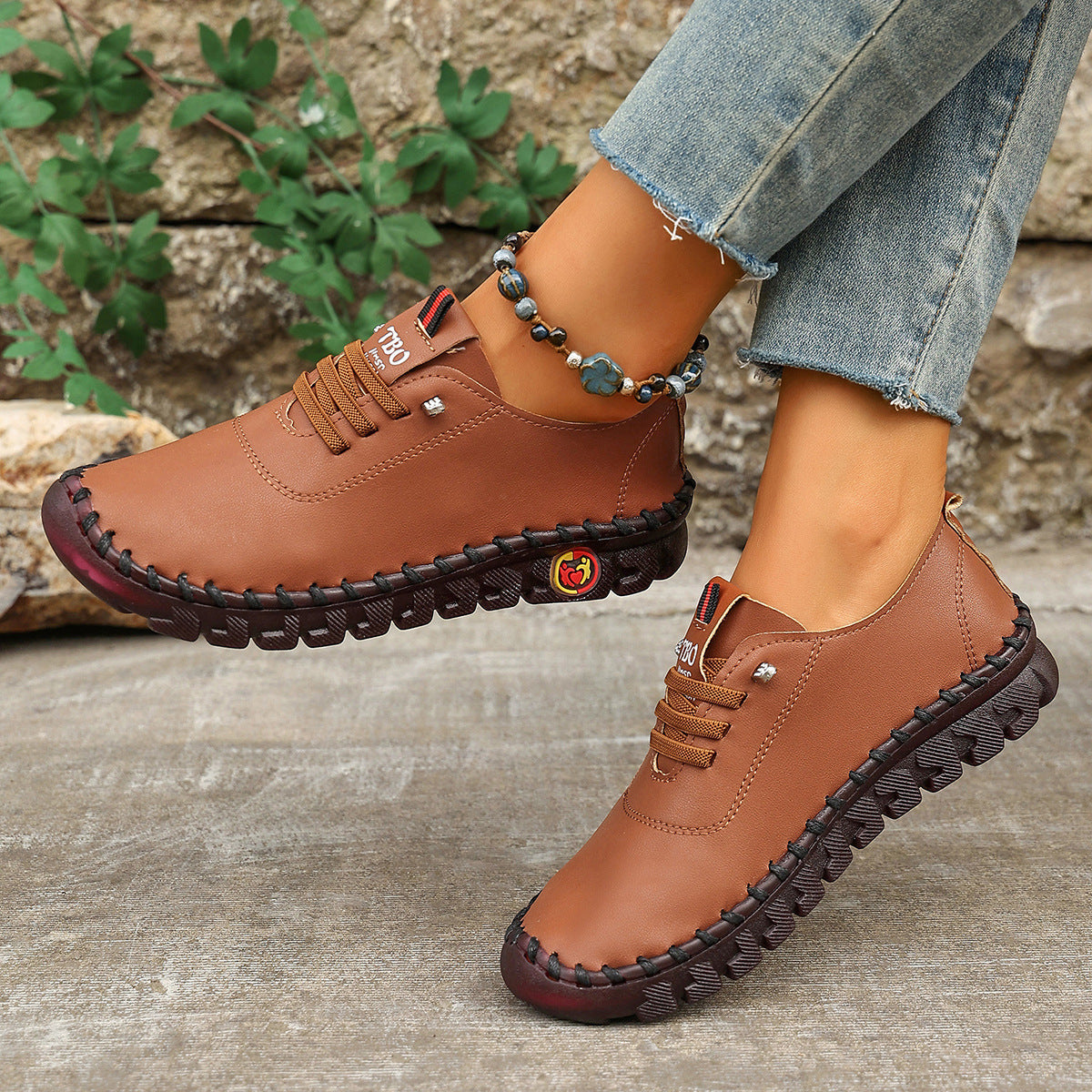Damen Freizeit-Leder-Sneaker mit elastischen Schnürsenkeln und rutschfester Sohle