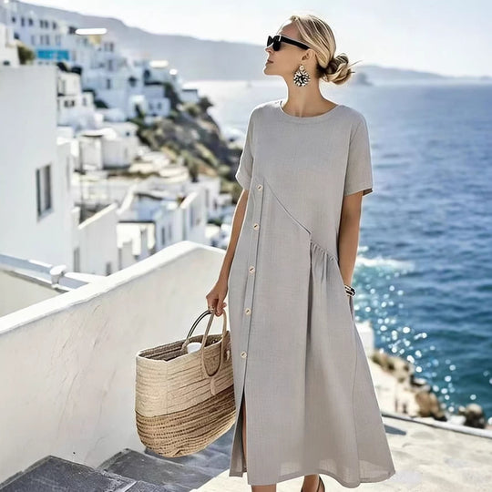 Damen Luftiges Sommerkleid mit seitlicher Knopfleiste, kurzen Ärmeln und Schlitz Shop Nory