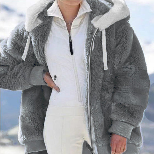 Damen Oversized Sherpa-Zipjacke mit Kontrastkragen, Rippbündchen und Kordelzug Shop Nory
