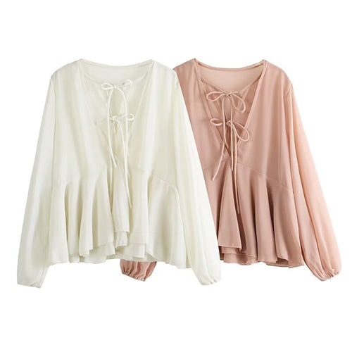 Damen Weiche Chiffonbluse mit Schnürung, V‑Ausschnitt und Volantsaum Shop Nory