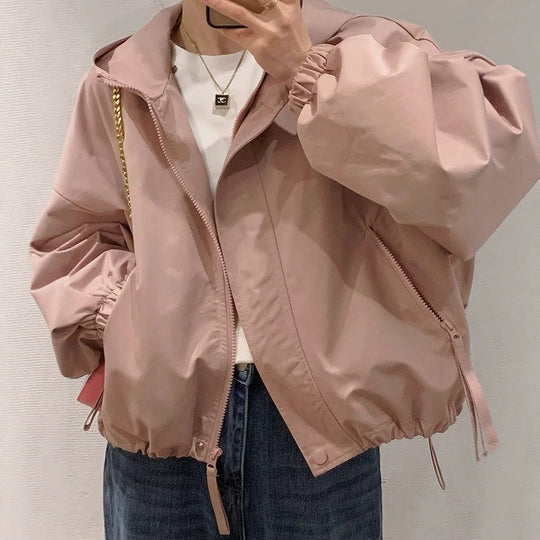 Damen Oversize-Kapuzenjacke im Bomberstil mit Kordelzug, elastischen Bündchen & seitlichen Reißverschlusstaschen Shop Nory
