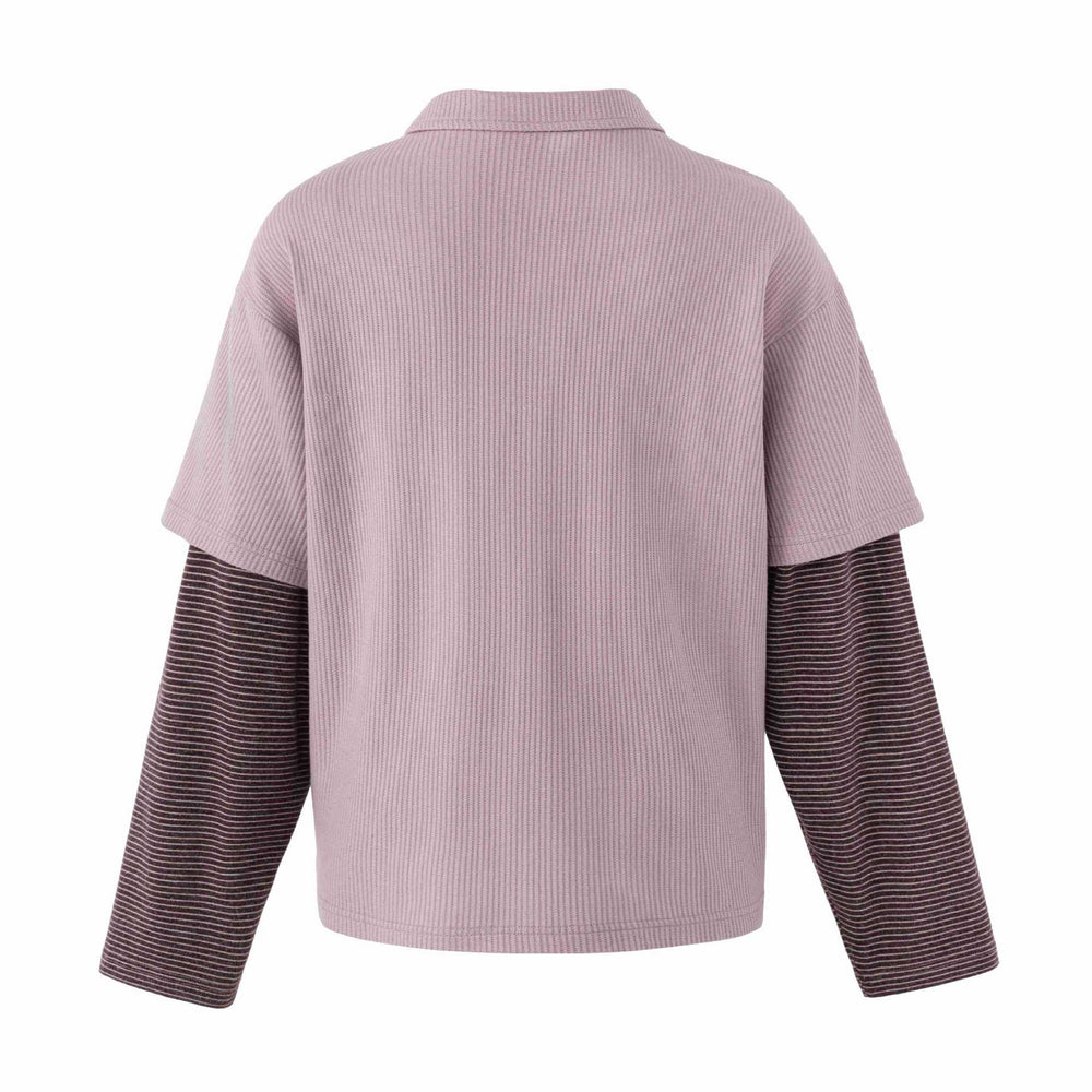 Damen Lässiges Layered-Polo-Shirt mit Rippenstruktur und gestreiften Einsatzärmeln Shop Nory