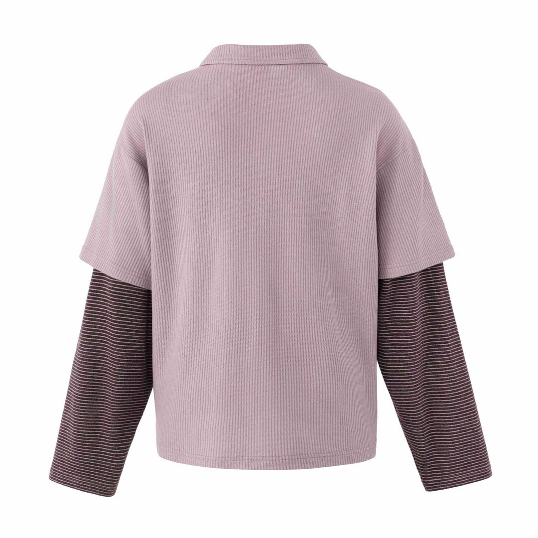 Damen Lässiges Layered-Polo-Shirt mit Rippenstruktur und gestreiften Einsatzärmeln Shop Nory