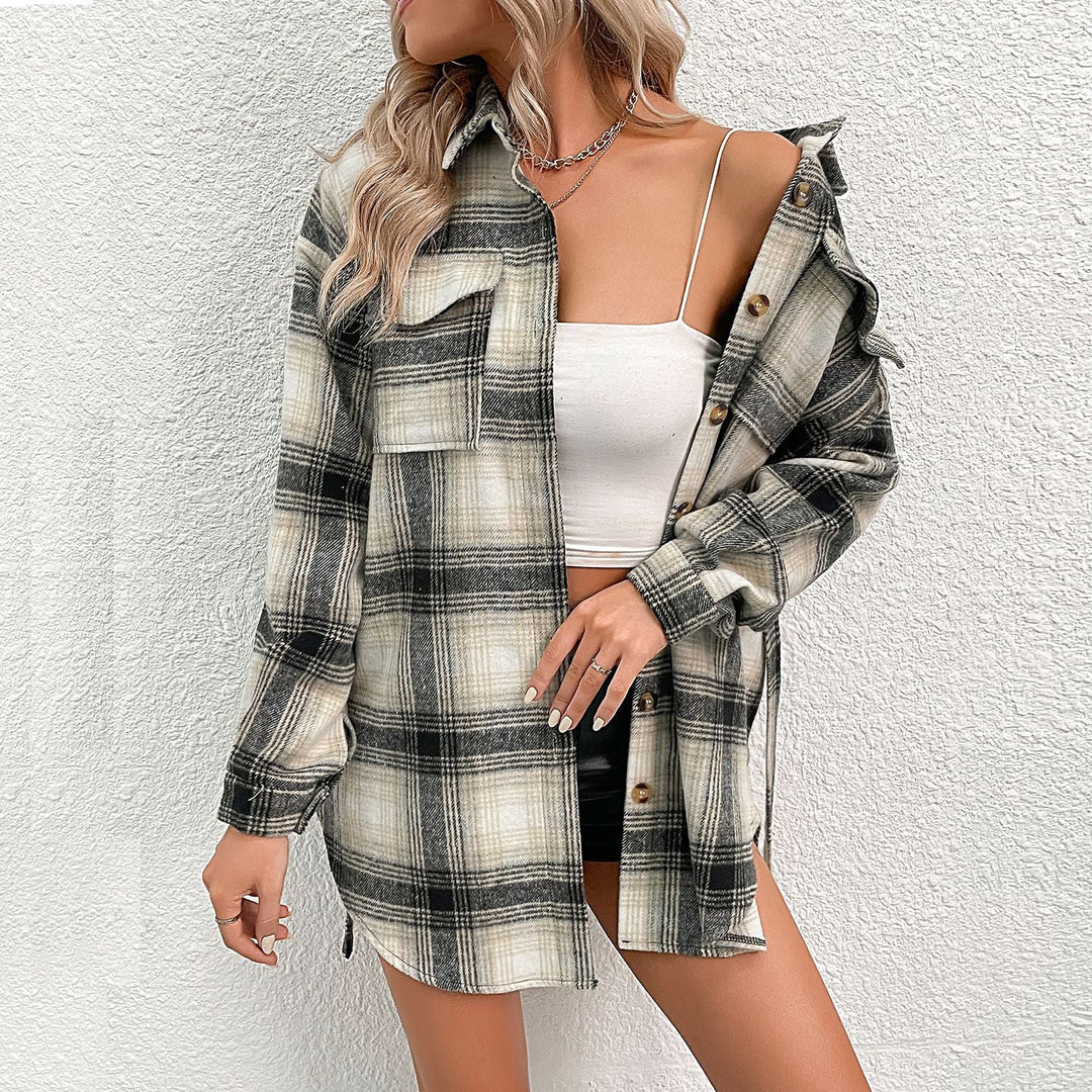 Damen Kariertes Longline-Hemdmantel mit Knopfleiste und Taillengürtel Shop Nory