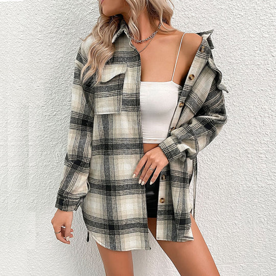Damen Kariertes Longline-Hemdmantel mit Knopfleiste und Taillengürtel Shop Nory